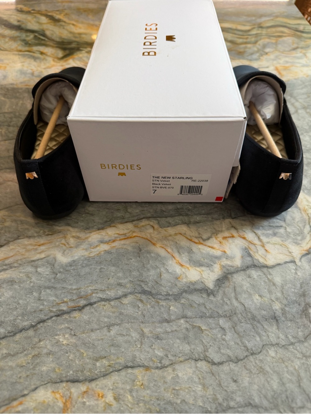 Birdies Black Velvet Flats with Gold Bow Accent